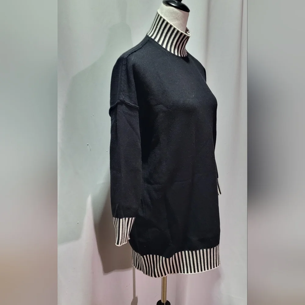 Pullocardi Black Sweater Dress Striped Trim Mock Neck Size M - Picture 5 of 9